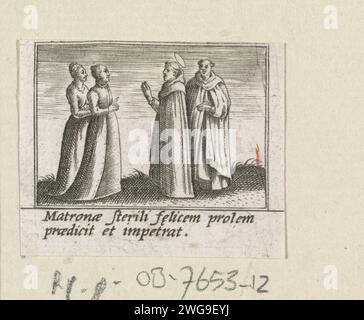 Guérison miraculeuse de deux femmes stériles par le Saint Hyacinthus de Pologne, Anonymous (possible), d'après Johann Sadeler (I), 1595 - 1600 imprimer deux femmes stériles sont accueillies par le H. Hyacinthus de Pologne et un moine. Le Saint les guérit de leur infertilité. L'impression fait partie d'une série de dix-huit parties qui forme un cadre autour d'une image de H. Hyacinthus van Polen. Venise papier gravure miraculeuse guérisons de St. Jacinthe de Pologne. moine(s), frère(s). stérilité ; femme stérile. stérilité ; femme stérile Banque D'Images