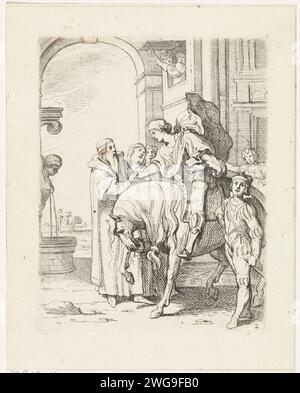 Le fils perdu dit au revoir à son père, Theodoor van Thulden, 1616 - 1669 imprimer le fils perdu dit au revoir à son père. Il le secoue de son cheval. Une porte en arrière-plan. Anvers gravure sur papier / gravure prise de congé et départ du fils prodigue Banque D'Images