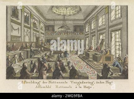 Première réunion nationale à la Haye, 1796, anonyme, 1796 - 1810 imprimer session de la première réunion nationale à la Haye, du 1 mars 1796 au 31 août 1797. Face à face dans la salle de réunion (ancienne salle de danse du Palais Stadhouderlijke) avec les membres, tous avec un ruban en tant que représentant. En arrière-plan la galerie publique complète. Pays-Bas papier gravure / gravure Chambre basse, Parlement, Chambre. Cour révolutionnaire du gouvernement Banque D'Images