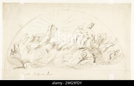 La voiture solaire d'Apollo, Jacob van Campen, 1625 - 1676 papier à dessin. Stylo à encre Gemini (signe zodiacal de mai). Bélier (signe zodique de mars). signes zodiacaux de la saison printanière. Apollon dans le char du soleil, tiré par quatre chevaux, généralement précédés par une aurore tenant une torche ; 'Carro del Sole' (Ripa) Banque D'Images