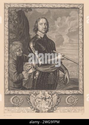 Portrait d'Oliver Cromwell dans un harnais, Pierre Lombard, d'après Robert Walker, 1651 - 1653 tirage sur papier de Londres gravant des personnages historiques. roulement armorial, héraldique Banque D'Images