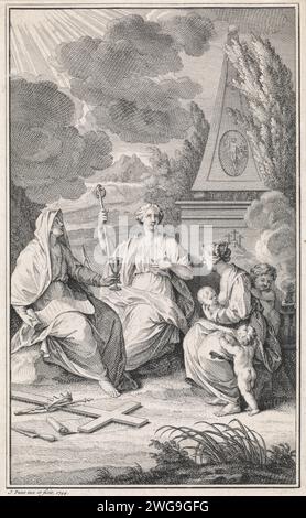 Représentation allégorique avec les trois vertus divines, Jan Punt, 1744 print foi (Fides), espérance (Spes) et Amour (Caritas) sont dans un paysage près d'un monument sur lequel une image du Christ et des trois croix sur Golgota. Amsterdam gravure sur papier / gravure les trois vertus théologiques. la ou les croix(s) à mi-distance Banque D'Images