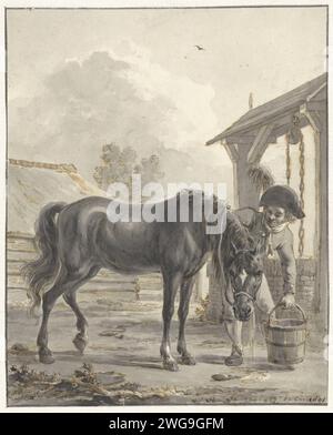 L'homme laisse un cheval boire dans un seau, Jan Anthonie Langendijk DZN, 1801 dessin conception pour une impression. papier. crayon. stylo à encre / cheval de brosse Banque D'Images