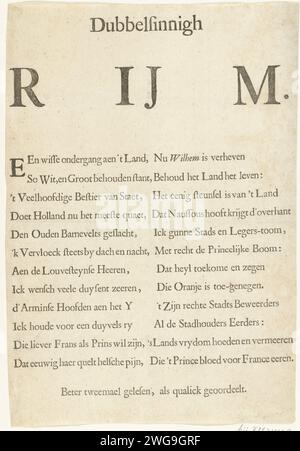 Frais à la mort des frères de Witt, 1672, 1672 feuille de texte frais à la mort des frères de Witt, 20 Augutsus 1672. Frais dans deux colonnes où le sentiment anti-orangiste n'apparaît qu'en lisant la deuxième colonne. Impression typographique papier du nord des pays-Bas la Haye Banque D'Images