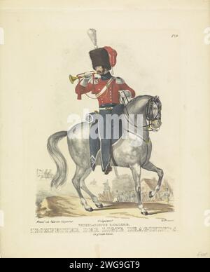 Trompettiste en uniforme complet, A. courtois, 1825 - 1827 copie Présentation uniforme d'un trompettiste des dragons légers de la cavalerie en grand costume, à cheval. Numéroté en haut à droite : pl. 9. Fait partie de la série de 53 plaques d ' uniforme des soldats du Royaume des pays-Bas entre 1820 et 1825. Uniformes (militaires) en papier bruxellois. musique militaire Banque D'Images