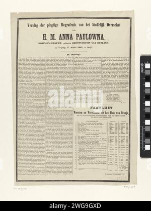 Rapport des auteurs des restes de S.M. Anna Paulowna, Reine-veuve, née Grootvorstin van Russia, le vendredi 17 mars 1865, à Delft. II. (Suite), 1865 feuille de texte Description des funérailles de feu la reine Anna Paulowna à Delft le 17 mars 1865. En bas à droite une liste de noms des princes et reines de la Maison d'Orange, qui sont enterrés dans les caves funéraires royales de la Nieuwe Kerk à Delft. Suite du rapport décrit dans le premier magazine. Amsterdam papier letterpress impression rites funéraires nouvelle église Banque D'Images