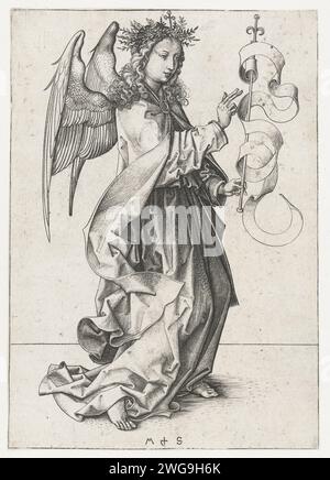 De Engel Gabriël, Martin Schongauer, c. 1485 - c. 1490 estampe l'ange Gabriël avec un bâton dans la main auquel une banderole est attachée. Pendentif d'une estampe de la Vierge Marie. Allemagne gravure sur papier de l'Archange Gabriel. L'Annonciation : Marie, habituellement en train de lire, est visitée par l'ange (parfois une femme surprend la conversation) Banque D'Images