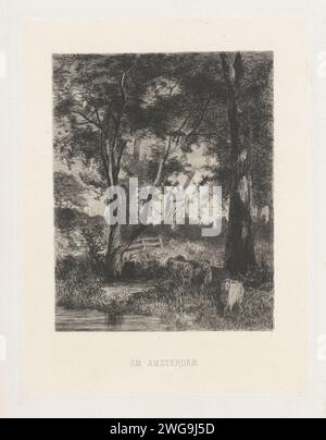 Paysage avec moulin et moutons, Willem Steelink (II), 1888 print il y a des moutons le long de l'eau sous les arbres. Un moulin en arrière-plan. Journal d'Amsterdam. moulin à vent de gravure dans le paysage. mouton Banque D'Images