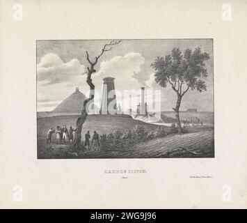 Boom van Picton, anonyme, 1820 - 1850 imprimer vue au-dessus du champ de bataille de Waterloo avec divers monuments, au premier plan visiteurs du soi-disant "Boom van Picton", l'arbre où le général britannique Sir Thomas Picton est mort pendant la bataille, le 18 juin 1815. Au loin la pyramide. Paysage papier Belgique avec monument Waterloo. Leeuw van Waterloo Banque D'Images