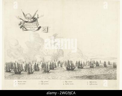 Quatrième combat avec la flotte portugaise près du Rio Grande, 1640, 1645 - 1647 imprimer quatrième combat entre la flotte de la WIC sous Willem Cornelisz. Loos avec la flotte portugaise de Graaf de la Torre au Rio Grande, au large de Salvador (Bahia), le 17 janvier 1640. Dans les airs un Banderol ailé droit et les armes des parties combattantes dans la bataille maritime. Dans la légende l'explication des lettres A-B et les chiffres 1-6 en latin. Plate [nr. 45] dans une série de 55 représentations de la tournée au Brésil et le séjour au Brésil par le comte Johan Maurits van Nassau dans les années 1636-1644. Non Banque D'Images