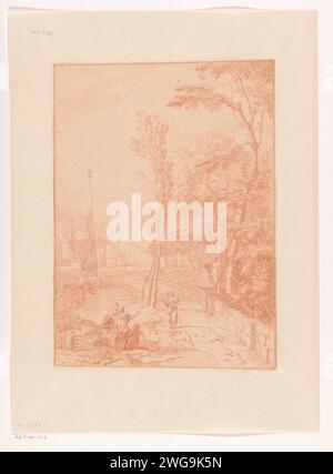 Paysage arcadien avec figures près d'un obélisque, Johannes Glauber, c. 1674 - c. 1695 papier à dessin. craie Banque D'Images