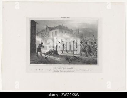 Le prince d'Orange mène les troupes à Ravels, 1831, 1831 imprimer le prince d'Orange mène à pied le 2e bataillon du 18e département d'infanterie dans les rues de Ravels, le 3 août 1831. Partie d'une série de sept plaques. Imprimeur : Netherlandspublisher : Amsterdam . Bataille (+ forces terrestres) Ravels Banque D'Images