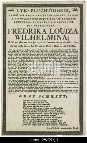 Funérailles de la princesse Louise van Oranje-Nassau, 1819, Johannes de Vogel, 1819 feuille texte Description des funérailles du 26 octobre dans la Nieuwe Kerk à Delft par Frédérique Louisa Wilhelmina, princesse d'Oranje-Nassau, veuve de Hertog Karl George August van Brunswijk, décédée le 15 octobre 1819. Texte avec une description des funérailles, suivi d'une brèche de quatorze lignes. Pour le texte noir bords de deuil et crânes. Impression typographique papier Amsterdam nouvelle église Banque D'Images