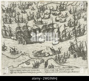 Bataille maritime avec l'Armada espagnole, 1588, 1613 - 1615 imprimer bataille maritime avec l'Armada espagnole dans le canal, 1588. Au bas de la côte flamande entre Calais et Nieuwpoort, au-dessus de la côte anglaise près de Douvres. Avec légende de 4 lignes en latin. Numéroté 196. Imprimé au dos avec texte en latin. Bataille de gravure sur papier du nord des pays-Bas (+ force navale) Manche Banque D'Images