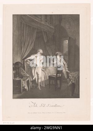 Intérieur de chambre avec une femme qui sort du lit et un jeune homme enthousiaste, Nicolas François Regnault, 1756 - 1810 print femme à Nachtjapon sort du lit, où un vieil homme dort. Dans la pièce, un jeune homme l'attend. Derrière lui donne une porte ouverte une vue de l'air avec la lune. Chambre à coucher de gravure de papier Paris. rencontre des amoureux. adultère Banque D'Images