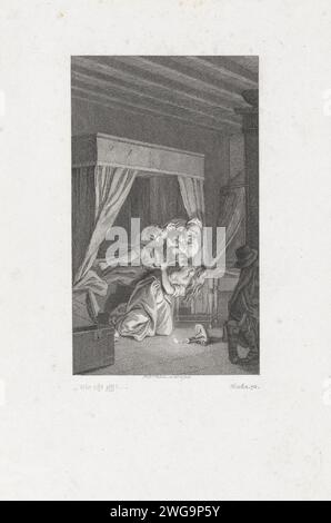 Homme et femme se battent à un lit, Reinier Vinkeles (I), 1779 impression dans une chambre, un homme saisit le bras d'une femme de son lit. Elle a une arme à deux mains. L'homme a un bonnet de couchage. Amsterdam papier gravure / gravure chambre. armes à feu. relations agressives, inimitié, animosité Banque D'Images