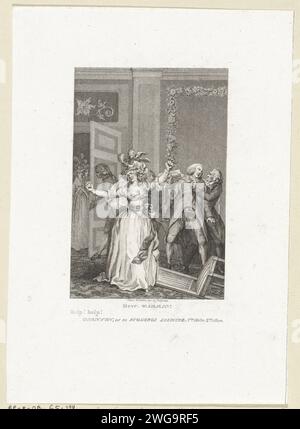 Querelle dans un départ, Reinier Vinkeles (I), 1794 print Une femme se tient avec les poings serrés dans un départ tandis qu'un homme est calmé en arrière-plan. Il y a une chaise tombée sur le sol. Amsterdam gravure sur papier / gravure relations agressives, inimitié, animosité. bras levé, poing Banque D'Images