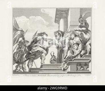 Melchizédek offre Abraham brood en Wijn, Jan Punt, d'après Jacob de Wit, d'après Pierre Paul Rubens, 1751 estampe Melchizédek se tient sur un escalier et donne deux pains à Abraham. Sous la représentation rectangulaire, un verset en latin de Genèse 14:18. Amsterdam papier gravure / gravure la rencontre d'Abraham et Melchizédek, le grand prêtre et roi de Salem, qui apporte du pain et du vin (Genèse 14:18-20) Carolus Borromeuskerk Banque D'Images