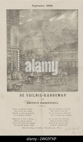 KermisStrent des ordures ménagères d'Amsterdam pour l'année 1870, Dirk Wijbrand Tollenaar, 1870 print KermisStrent des ordures ménagères d'Amsterdam pour l'année 1870. Vue à la foire au Botermarkt avec le Oude Waag. Deux chariots à ordures sur le marché. Avec poème en deux colonnes. De la poubelle carman dans le quartier N ° 8 : H. Vente. Rue d'impression typographique papier Amsterdam. Collecte des ordures Amsterdam. Botermarkt. Waag sur le Botermarkt Banque D'Images