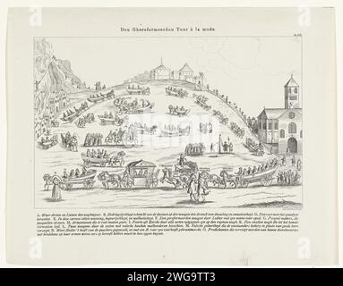 Caricature sur les protestants, 1657, 1877 - 1879 print reproduction d'une caricature sur les protestants, 1657. Champ avec des wagons de toutes sortes de protestants et des concepts pécheurs qui ont quitté l'église et conduire sur la large route vers l'enfer. En arrière-plan la route étroite vers la Jérusalem céleste. Dans les inscriptions de performance en néerlandais et dans la légende de Legenda A-O. Marqué en haut à droite : bl. 513. Caricatures et satires politiques dans les journaux néerlandais. Le chemin de la destruction est large et la porte est large ; le chemin de la vie est étroit et la porte est droite  doctrine du Christ sur l'amour, etc ( Banque D'Images