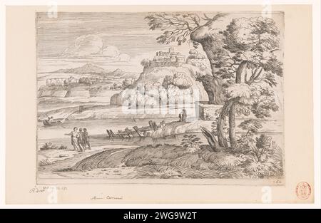 Paysage avec château sur une montagne, Jean Pesne, d'après Annibale Carracci, 1666 - 1695 imprimer papier gravure paysage avec tour ou château. cours d'eau Banque D'Images