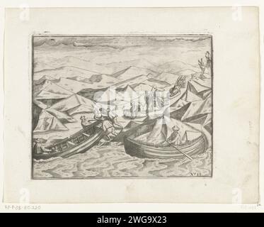 Les sloops sont lancés, 1597, 1615 - 1617 imprimer les sloops pour le retour sont lancés, le 13 juin 1597. Copies des illustrations originales dans le rapport de voyage du voyage de Willem Barendsz et Jacob van Heemskerck en 1596-1597 et du séjour sur l'île de Nova Zembla, no 22. Nord des pays-Bas gravure sur papier exploration, expédition, voyage de découverte. Les paysages des régions polaires gardent des huys. Nova Zembla Banque D'Images