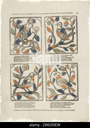 Les oiseaux dans 't Woudt / ceux qui chantent très méchant : parce qu'ils chantent avec Playsier / c'est pourquoi les oiseaux sont ici, c. 1782 - c. 1793 imprimer feuille avec 4 représentations d'oiseaux : un perroquet, un nightingale, un konink d'hiver et un canari, assis sur une branche fleurie. Un verset de six lignes sous chaque image. Numéroté en haut à droite : 54. Editeur : Amsterdamprint fabricant : Netherlands papier letterpress imprimant des oiseaux Banque D'Images