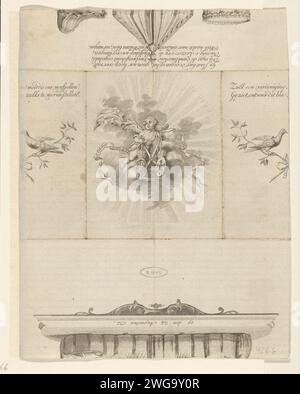 Folderprent avec allégorie à la naissance du prince Willem Frederik, 1772, Noah van der Meer (II), d'après le monogramme Fox EBDV, 1772 impression extérieur d'une feuille ouverte sur la naissance du prince Willem Frederik le 24 août 1772. Central un putto avec les armes de Willem V et Wilhelmina van Pruisen, pigeons à gauche et à droite sur une branche avec un arc. Au-dessus et au-dessous des parties d'un berceau, avec un verset à quatre lignes en néerlandais et la date de naissance du prince. Nord des pays-Bas gravure de papier / gravure sèche-infirmière Banque D'Images