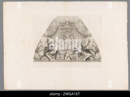 Triomphe de Neptunus : Amphitrite dans une coquille dessinée par des dauphins, Claude Augustin Duflos, d'après Eustache Lesueur, 1740 estampe Grisaillle, avec la représentation d'Amphitrite assis dans une coquille dessinée par des dauphins et accompagnée de Tritons, dans le coin du plafond de la Chambre des bains dans l'Hôtel Lambert. La représentation d'Amphitrite est flanquée de deux dieux du pouvoir, chacun avec une cruche d'eau. Au milieu d'un putto avec un bois de corail sur la tête. Print fait partie d'une série d'estampes des peintures de l'Hôtel Lambert à Paris. Paris gravure sur papier / gravure triomphe de Neptune et A. Banque D'Images