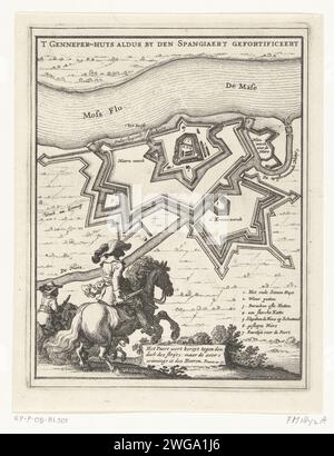 Carte de la maison à Gennep avec les fortifications aménagées par les Espagnols, 1641, 1641 imprimer carte de la maison à Gennep avec les fortifications, qui a été imposée par les Espagnols, 1641. La maison de Gennep a été assiégée et conquise par l'armée d'État sous Frederik Hendrik, du 6 juin au 27 juillet 1641. Au premier plan deux cavaliers et une citation biblique de Proverbes, a laissé la légende 1-7. Partie d'un ensemble composé d'un titre en 4 bandes, les 4 planches de l'atelier Visscher, les 4 feuilles du départ de la garnison par Nolpe et 7 magazines de texte. Siège de gravure de papier Amsterdam, position W Banque D'Images