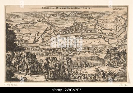 Siège et conquête de grave par Willem III, 1674, 1674 - 1675 imprimer Siège et conquête de grave par Guillaume III, 25 juillet au 29 octobre 1674. Vue de la ville assiégée de grave sur la rivière Maas et les positions des troupes assiégeantes. Au premier plan Guillaume III avec son bâton. Nord des pays-Bas mordant la victoire, la position était grave Banque D'Images