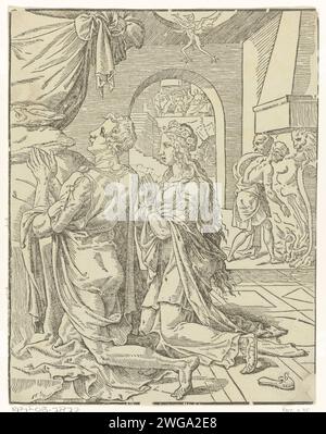 Nuit de noces de Tobias et Sara, Dirck Volckertsz. Coornhert, d'après Maarten van Heemskerck, vers 1548 impression dans la chambre, Tobias et Sara s'agenouillent dans la prière pour demander la bénédiction et la protection de Dieu au sujet de leur mariage. En arrière-plan, le démon s'envole à travers le foie et le cœur du poisson que Tobias a mis sur le feu. Journal néerlandais Tobias et Sarah priant Banque D'Images