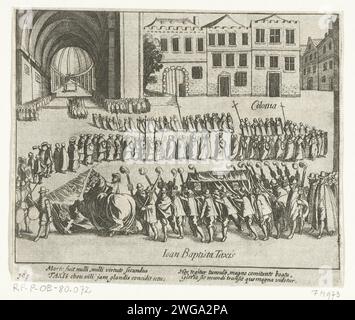 Funérailles de Johann Baptista von Tassis à Keulen, 1588, 1613 - 1615 imprimer funérailles de Johann Baptista von Tassis, tué au siège de Bonn, à Cologne, le 26 avril 1588. Épisode de la guerre de Cologne. Avec légende de 4 lignes en latin. Numéroté 195. Imprimé au dos avec texte en latin. Cortège de gravure sur papier des pays-Bas du Nord, procession funéraire Cologne Banque D'Images