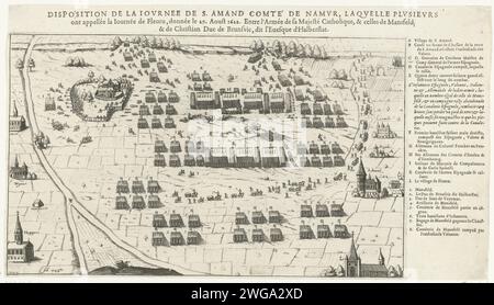 Bataille de Fleurus, 1622, 1622 imprimer bataille de Fleurus dans le Hainaut entre l'armée de Christiaan Hertog van Brunswijk et Ernst Graaf van Mansfeld contre l'armée espagnole de Gonzalo Fernández de Córdoba, le 29 août 1622. Sur le côté droit, les Legend A-L et 1-8 en français. Sud des pays-Bas (éventuellement) gravure sur papier / bataille d'impression typographique (+ forces terrestres) Fleur Banque D'Images