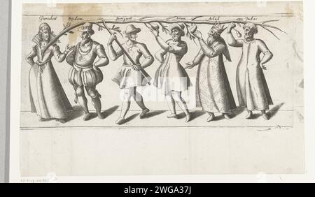 Défilé du Rederijkerskamer de Haselieren de Hazerswoude Dorp (quatrième partie), 1607, 1607 procession imprimée à travers le Rederijkerskamer de Haselieren de Hazerswoude Dorp, au Rederijkersfeest du 22 octobre 1607 à Haarlem. Quatrième partie : six figures allégoriques et bibliques sur le thème de la Gearness. Chambre rhétorique de gravure sur papier du nord des pays-Bas (néerlandais : 'rederijkerskamer'). festivités (+ parade, concours, cavalcade  activités festives). Convoitise ; 'Avaritia' (Ripa)  personnification de l'un des sept péchés capitaux Haarlem. Hazerswoude-Dorp Banque D'Images