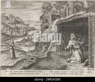 Saint Lipharde comme reclus, Raphaël Sadeler (I), d'après Maerten de vos, 1600 imprimer Un paysage avec une ruine. Au premier plan le H. Liphardus de Meung-sur-Loire, reclus du vie siècle après JC. Il prie à genoux dans sa cabine. En arrière-plan un moine à côté d'un bâton sur lequel la tête d'un serpent. Le corps du serpent repose à côté du personnel sur le sol. Venise papier gravure de saints masculins (avec NOM). anchorite, ermite. paysage avec ruines. serpents. une personne priant Banque D'Images