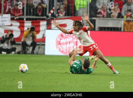 MUNICH, Allemagne. , . 23 Sacha BOEY vs Joe SCALLY lors du match de Bundesliga entre le FC Bayern Muenchen et Borussia MOENCHENGLADBACH à l'Allianz Arena de Munich le 3. Février 2024, Allemagne. DFL, Fussball, 3:1, (photo et copyright @ ATP images/Arthur THILL (THILL Arthur/ATP/SPP) crédit : SPP Sport Press photo. /Alamy Live News Banque D'Images