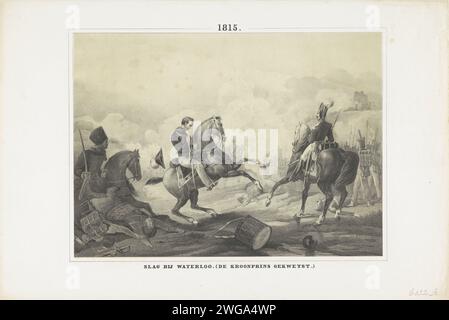 Le prince d'Orange est blessé lors de la bataille de Waterloo, 1815, anonyme, 1853 - 1855 imprimer Willem Frederik George, prince d'Orange, a été blessé à l'épaule gauche lors de la bataille de Waterloo le 18 juin 1815. Combats intenses en arrière-plan. Bataille de papier des pays-Bas (+ forces terrestres). Aide médicale et soins infirmiers aux malades et blessés sur le champ de bataille de Waterloo Banque D'Images