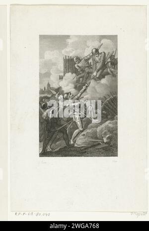 Acte héroïque de Sir William Russell pendant le siège de Zutphen, 1586, 1823 - 1829 imprimer Acte héroïque de Sir William Russell pendant le siège de Zutphen par les troupes du comte de Leicester, septembre et octobre 1586. Russell grimpe sur une rampe ennemie le long des espions d'un défenseur. Pays-Bas gravure sur papier acier victoire, position était Zutphen Banque D'Images