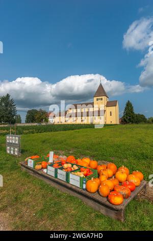 Oberzell, Île du Reichenau, produits Église paroissiale George, site du patrimoine mondial de l'UNESCO, vente de citrouilles, automne, champs, lac de Constance, Bade-Wuertemberg Banque D'Images