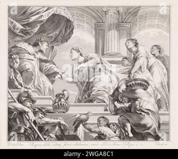 La reine de Séba met Salomon à l'épreuve avec des énigmes, Jan Punt, d'après Jacob de Wit, d'après Pierre Paul Rubens, 1749 estampe Salomon sur son trône reçoit la reine de Séba avec son entourage. Sous la représentation rectangulaire un verset en latin de 1 Kon. 10 : 1. Amsterdam papier gravure / gravure de la reine de Sheba avant Salomon, le testant avec des questions Carolus Borromeuskerk Banque D'Images