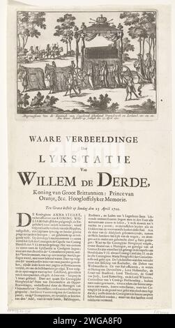 Funérailles du roi Guillaume III, 1702, 1702 estampe procession funéraire du roi Guillaume III à Londres le 23 avril 1702. corbillard avec le cercueil tiré par quatre chevaux. Sous la plaque un texte en deux colonnes. Nord des pays-Bas gravure sur papier / letterpress cortège, procession funéraire Banque D'Images