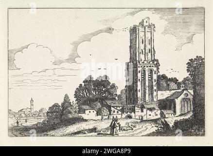 Paysage avec tour d'église délabrée, Jan van de Velde (II), 1616 estampes clergé sur un chemin près d'une tour d'église délabrée. Laissé en arrière-plan un village. Imprimé à l'origine d'une série d'un total de soixante tirages avec des paysages, répartis sur cinq parties de douze tirages chacune. Église de gravure sur papier du nord des pays-Bas (extérieur). moine(s), frère(s). paysage avec ruines Banque D'Images