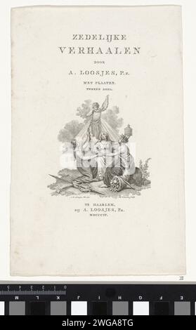 Page de titre pour : A. Loosjes, 'histoires morales', 1804-1805, Reinier Vinkeles (I), d'après Adriaan Pietersz. Loosjes, 1804 - 1805 imprimeur : Amsterdamafter design by : Haarleméditeur : Haarlem gravure sur papier / gravure 'Cornucopia', Horn of Plenty. soleil comme corps céleste Banque D'Images