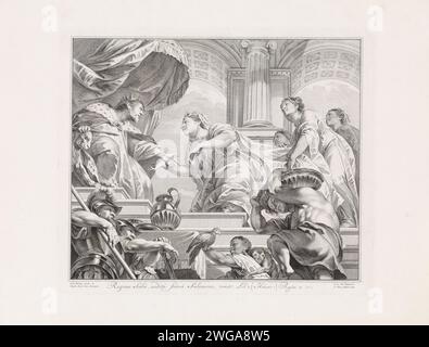 La reine de Séba met Salomon à l'épreuve avec des énigmes, Jan Punt, d'après Jacob de Wit, d'après Pierre Paul Rubens, 1749 estampe Salomon sur son trône reçoit la reine de Séba avec son entourage. Sous la représentation rectangulaire un verset en latin de 1 Kon. 10 : 1. Amsterdam papier gravure / gravure de la reine de Sheba avant Salomon, le testant avec des questions Carolus Borromeuskerk Banque D'Images
