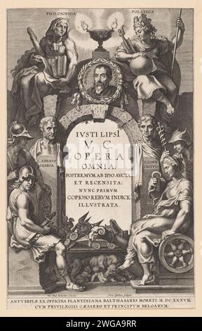 Page de titre allégorique avec arc en pierre avec un portrait de médaillon par Justus Lipsius, 1637 impression Un portrait de médaillon par l'écrivain Justus Lipsius a été placé sur un arc en pierre. De part et d’autre, les personnifications de la philosophie et de la politique dépeignent les principaux sujets de son œuvre. En plus de l'arc, deux bustes portraits d'auteurs antiques que Lipsius a détectés : Sénèque et tacite. A côté de Minerve et Mercure et les personnifications actuelles de la vertu (à gauche) et de la prudence (à droite). Proef pression d'une page de titre pour les œuvres collectées de Lipsius. Imprimeur : Southern Netherlandspublisher : ANT Banque D'Images