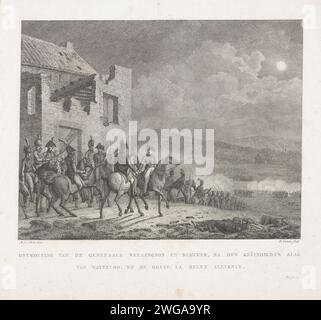 Rencontre entre Wellington et Blücher après la bataille de Waterloo, 1815, Reinier Vinkeles (I), d'après Mattheus Ignatius van Bree, 1815 - 1816 imprimer rencontre nocturne entre les généraux Wellington et Blücher à la ferme de la Belle Alliance après la bataille de Waterloo, le 18 juin 1815. Fait partie d'un groupe d'illustrations des événements autour et pendant les batailles de quatre-bras et Waterloo, 16-18 juin 1815. Pays-Bas papier gravure / gravure victor (après la bataille) Waterloo. La Belle Alliance Banque D'Images
