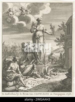 Page de titre pour l'Europische Mercury de 1738, 1738 print page de titre pour l'Europische Mercurius, pour l'année 1738. Statue de la paix, à ses pieds Amsterdam et Mercure, au loin Gulik et Berg. Imprimeur : Northern Netherlandspublisher : Amsterdam papier gravure / gravure symboles, allégories de la paix, 'Pax' ; 'Pace' (Ripa) Banque D'Images