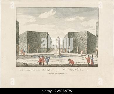 Image du faune dans le labyrinthe des jardins de Paleis Het Loo, Jan van Call (I), 1694 - 1697 imprimer élégantes dames et messieurs habillés se promènent autour d'un étang avec une statue d'un faune dans les jardins de la Loo. L'étang est sur le soi-disant "six-way" au milieu du Doofhof. Tirage à partir d'une série de 71 tirages avec des paysages rhénans, des visages sur des palais royaux et des paysages urbains de la Haye et d'Amsterdam. Labyrinthe de gravure de papier Amsterdam, labyrinthe  jardin. Jardin français ou architectonique ; jardin formel. Statues, sculptures dans le jardin Palais Het Loo Banque D'Images