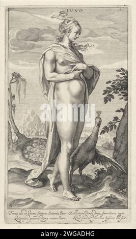 Juno avec Pauw, Willem Isaacsz. Van Swanenburg, d'après Michiel Jansz van Mierevelt, 1595 - 1612 imprimer Juno se tient près d'un arbre. Un paon est représenté à côté d'elle. Il y a un village au loin. Sous la représentation se trouve un texte latin de quatre lignes avec une description de la promesse de Juno à Paris. Imprimeur : Leidenafter design by : Delft (possiblement) gravure sur papier le jugement de Paris (Mercure présent). (Histoire de) Juno (Hera). oiseaux d'ornement : paon Banque D'Images